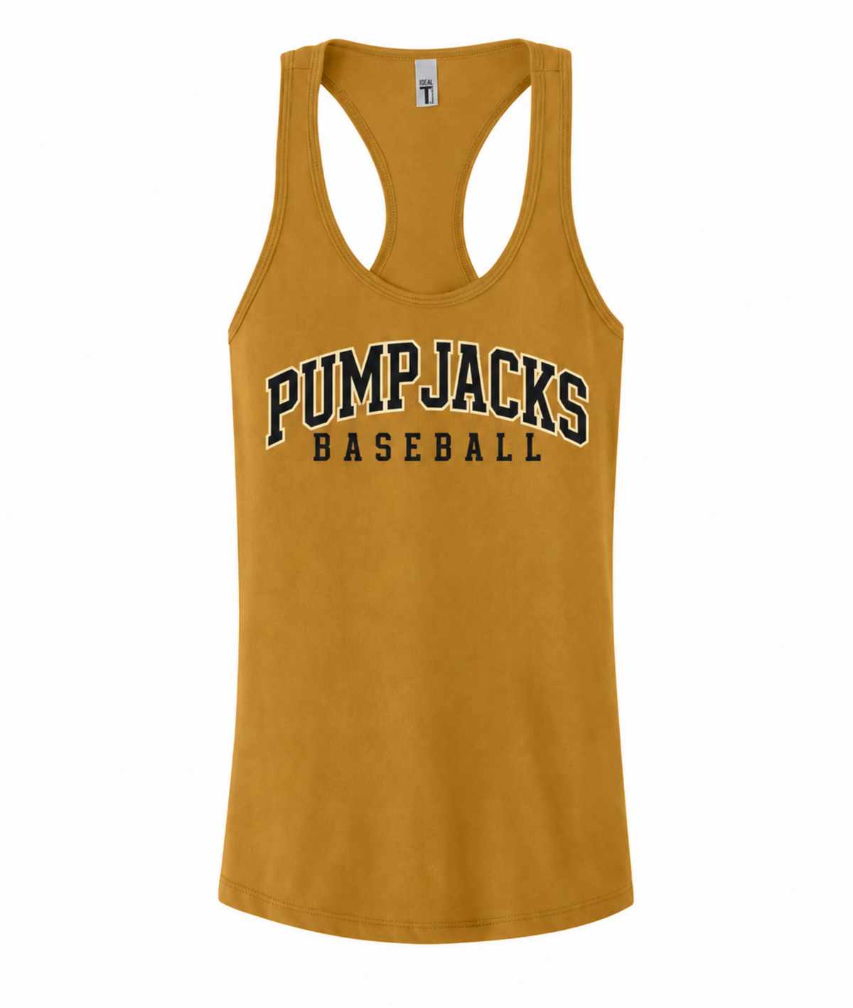 A gold racerback tank top featuring 'PUMPJACKS BASEBALL' printed in navy blue and white arched lettering on the chest, displayed against a solid white background.