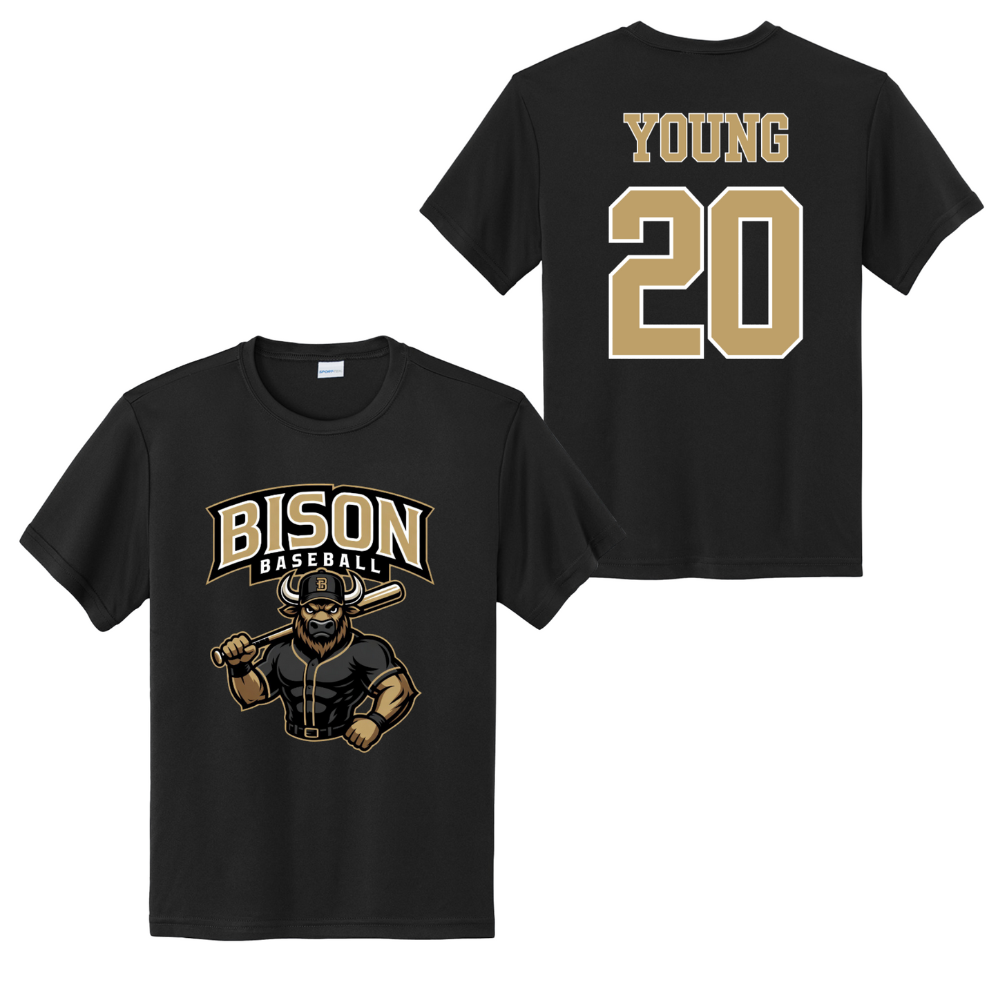 Bison Baseball black practice jersey with team logo on front and personalized player name and gold number on back