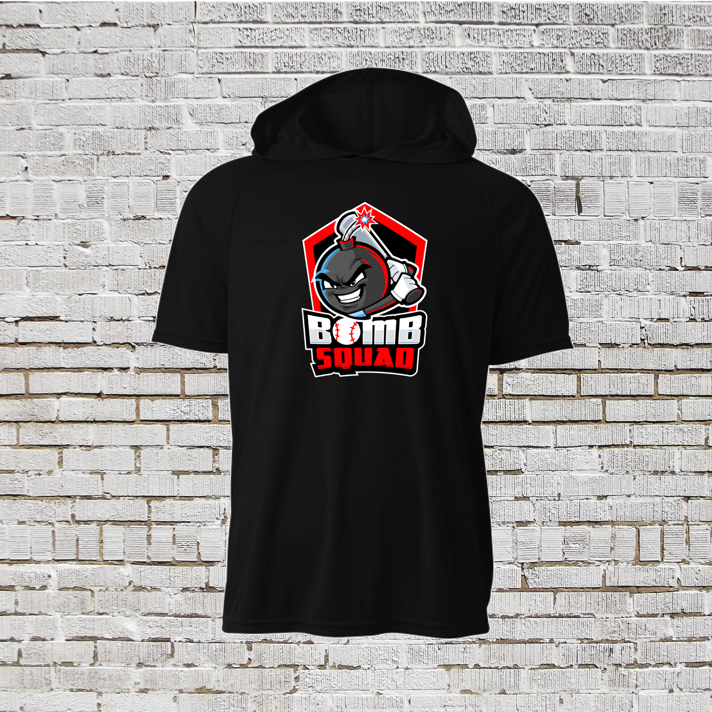 Drifit Bomb Squad Baseball Hooded Tshirt, White Bomb Squad Tee, Bomb Squad Logo Shirt