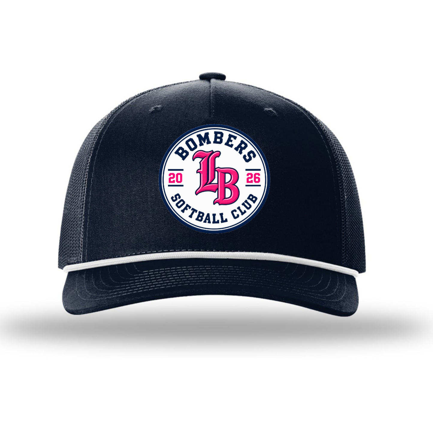 Navy Lady Bombers Softball Club rope hat with white rope and pink LB 2026 logo