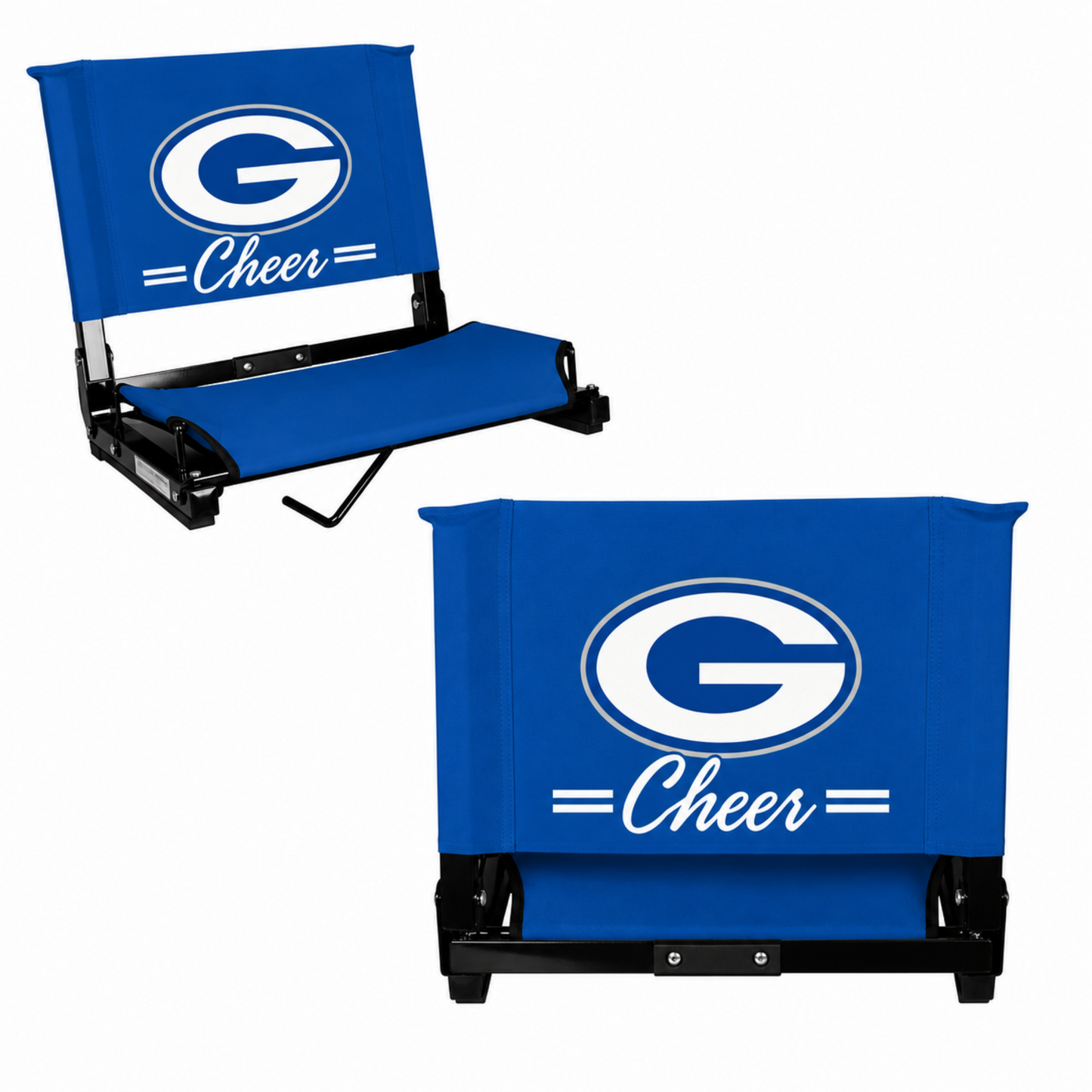Blue folding cheer seat with a white Georgia 'G' logo and 'Cheer' text, shown in both folded and unfolded positions on a white background.