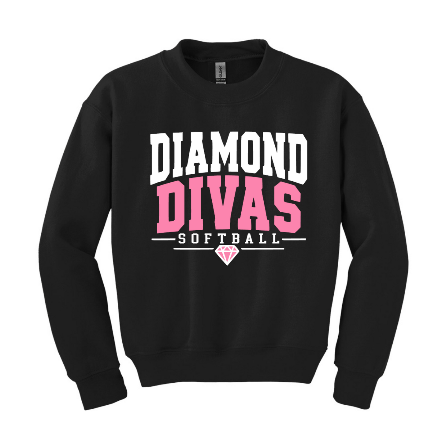 Black Diamond Divas Softball crewneck sweatshirt with pink and white collegiate team design