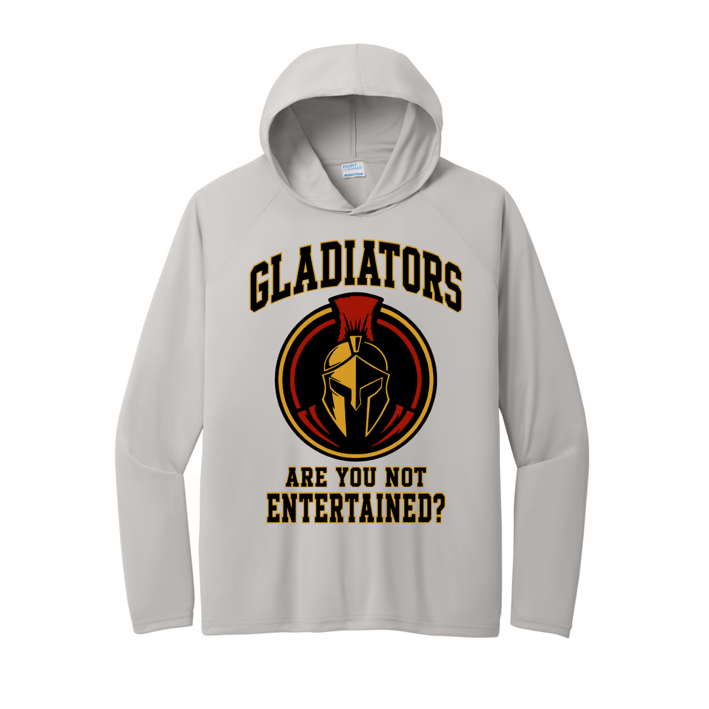 Silver Gladiators Baseball performance hoodie with black gold and red Gladiator helmet and Are You Not Entertained design