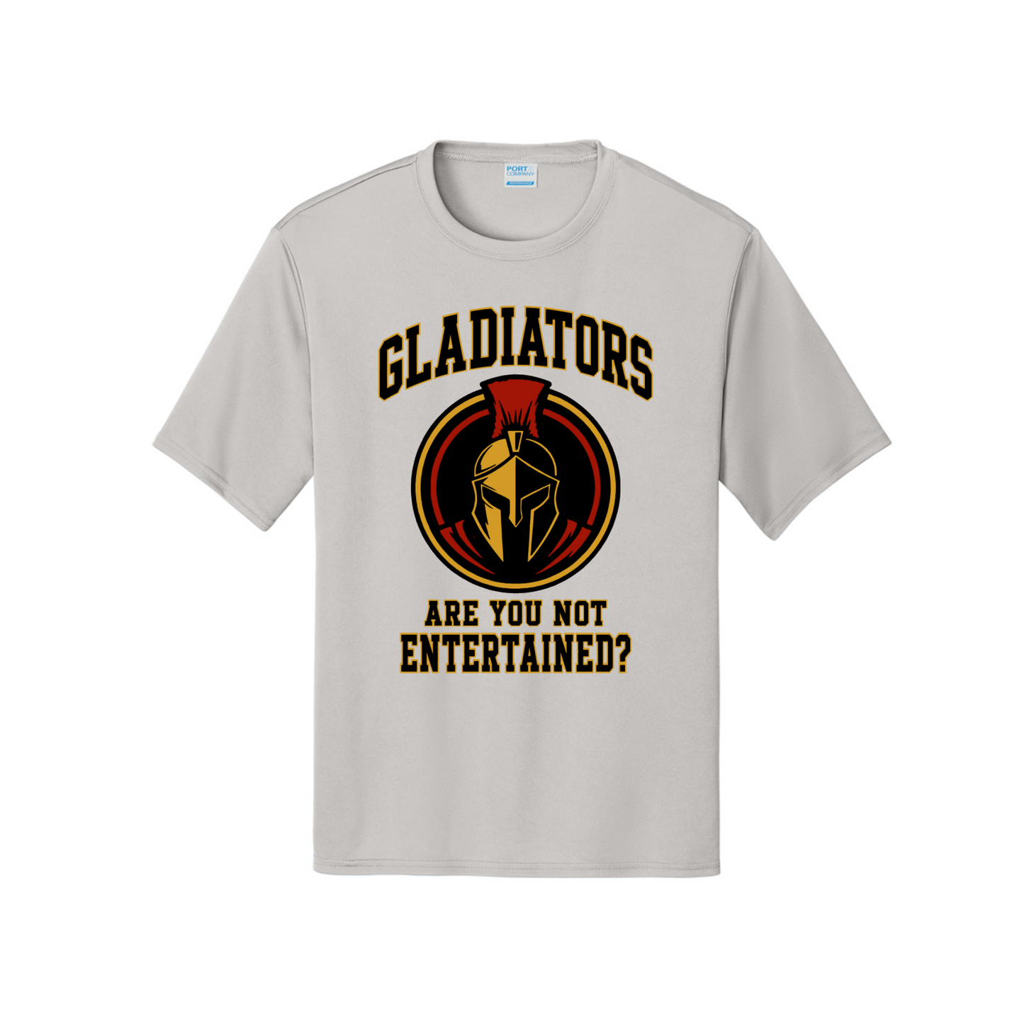Silver Gladiators Baseball performance T-shirt with black gold and red Gladiator helmet and Are You Not Entertained design