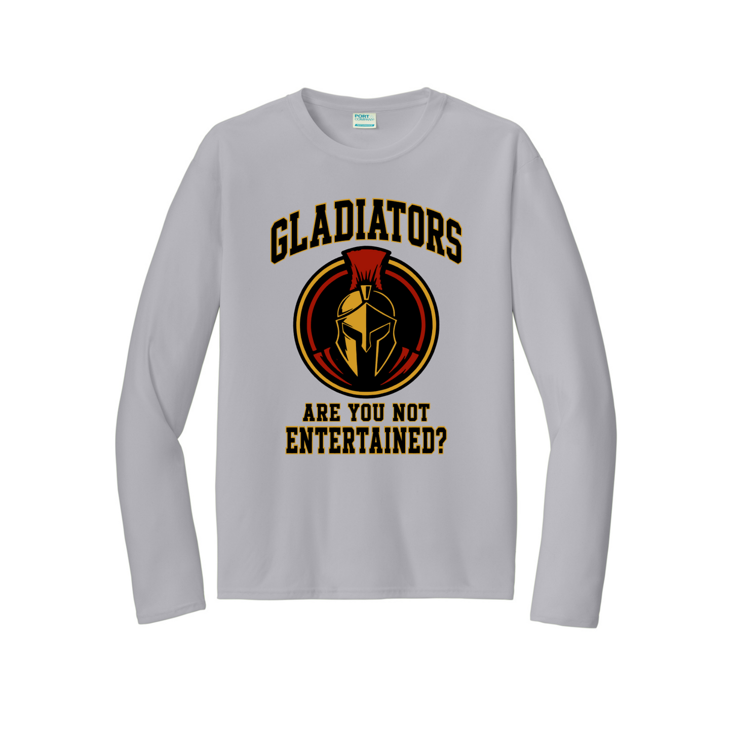Gladiators Baseball silver long sleeve performance shirt with Gladiator helmet and Are You Not Entertained design
