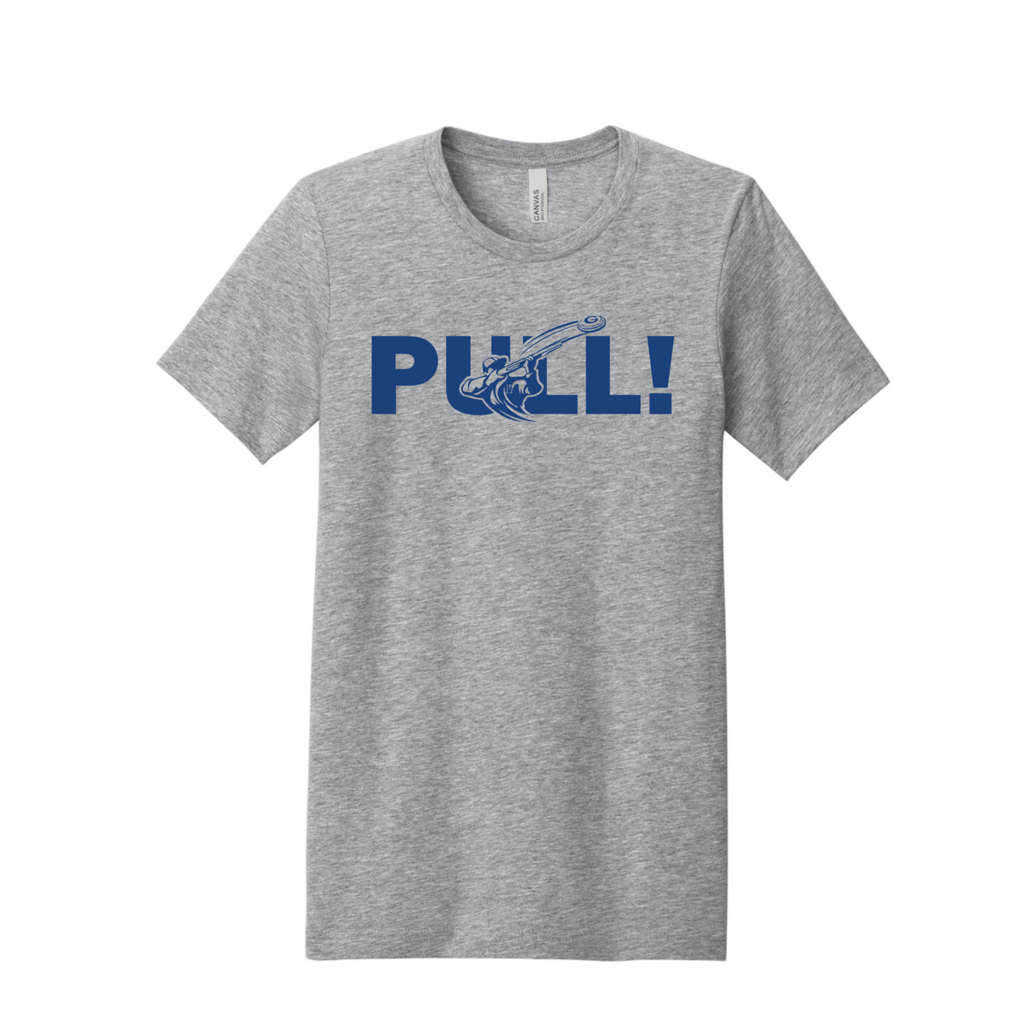 A heather gray short-sleeve t-shirt with a blue graphic on the chest that reads 'PULL!' with a stylized anchor illustration, shown against a plain white background.