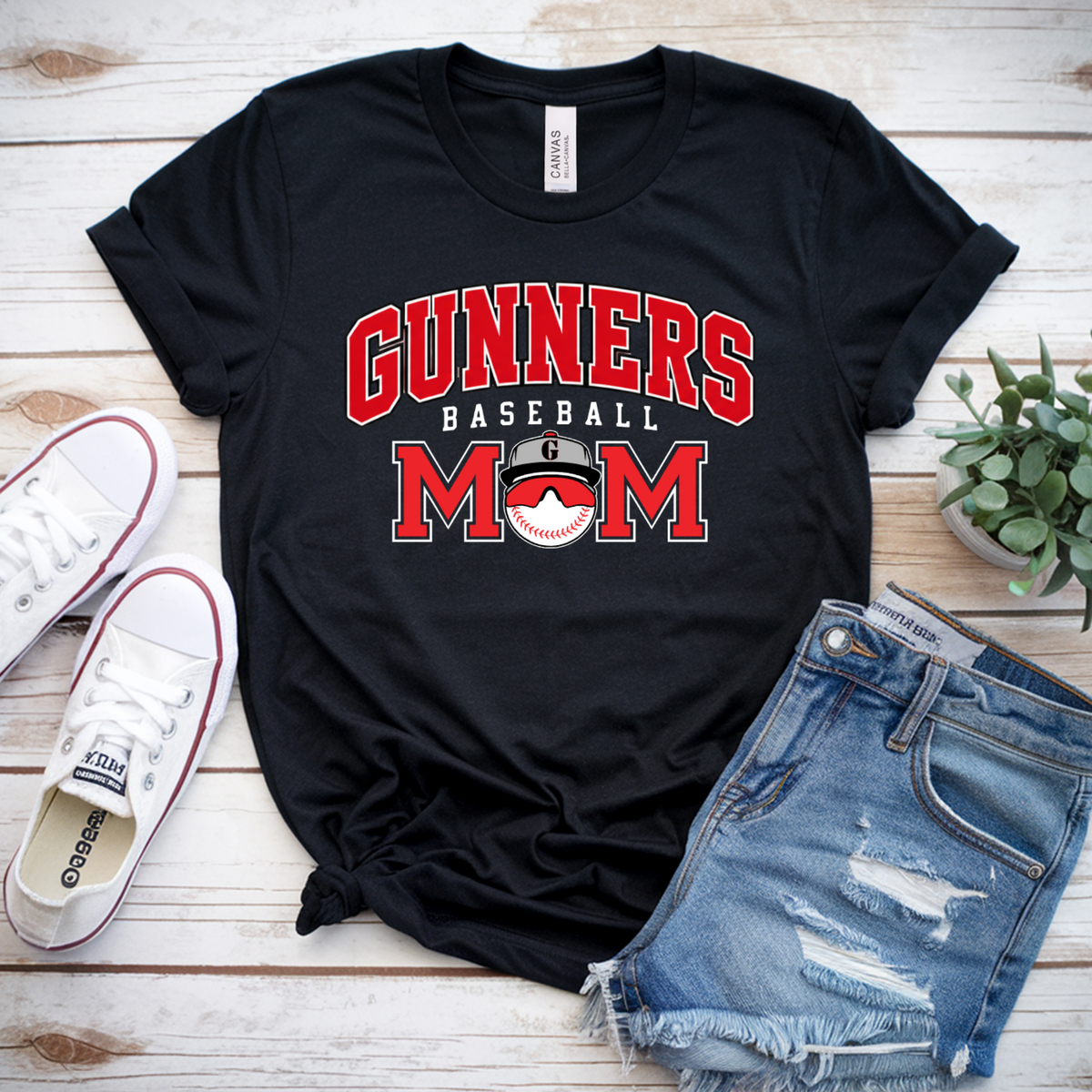 Black Gunners Baseball Mom T-shirt with red and white team design