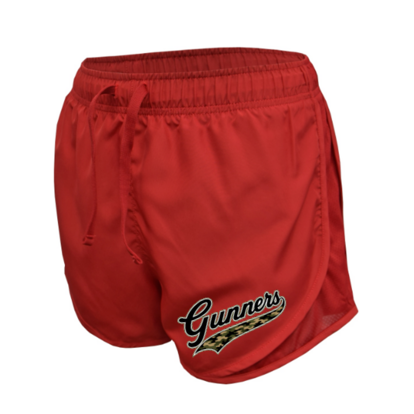 Red Gunners Baseball women's athletic shorts with camo Gunners script logo