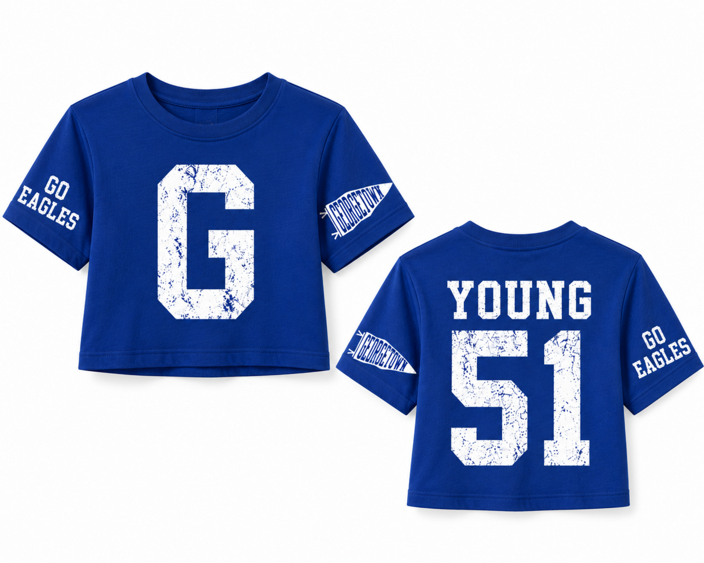 Georgetown Eagles personalized royal blue crop tee with custom name and number