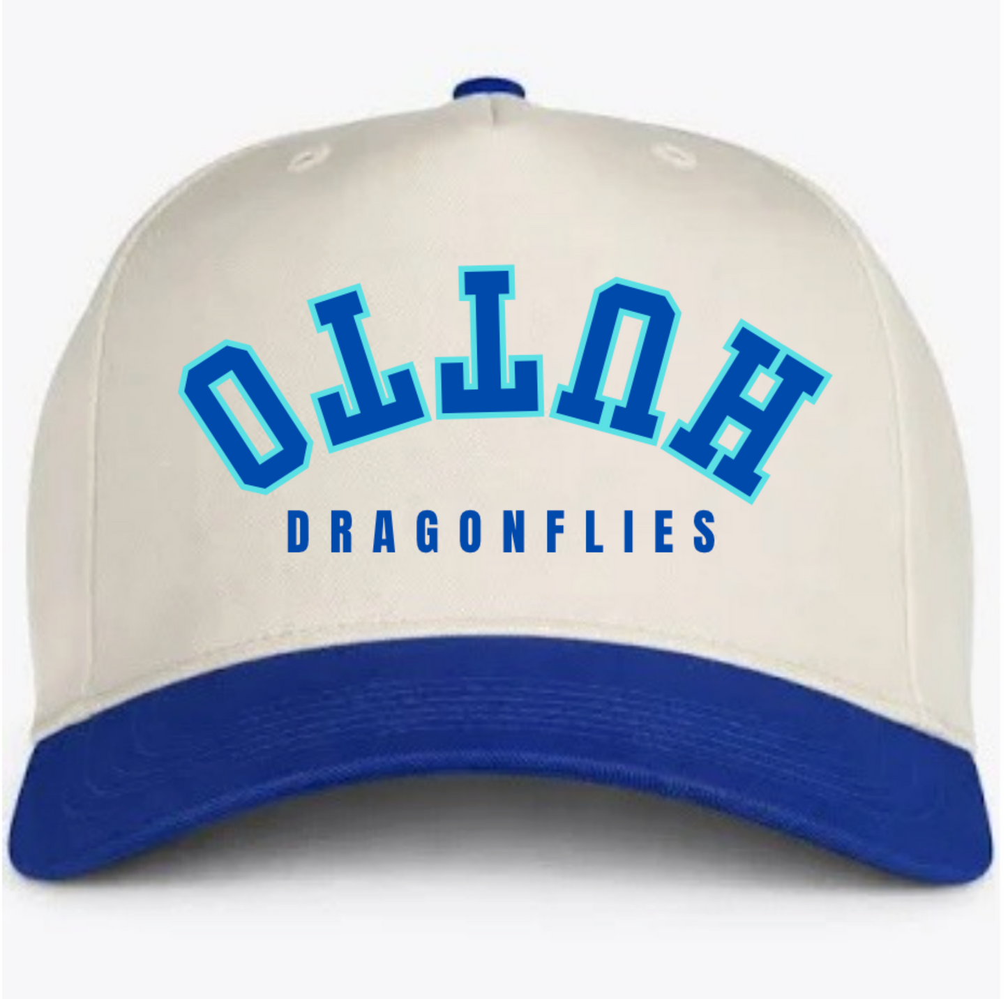 Cream Hutto Dragonflies baseball hat with royal blue bill and mintlettering
