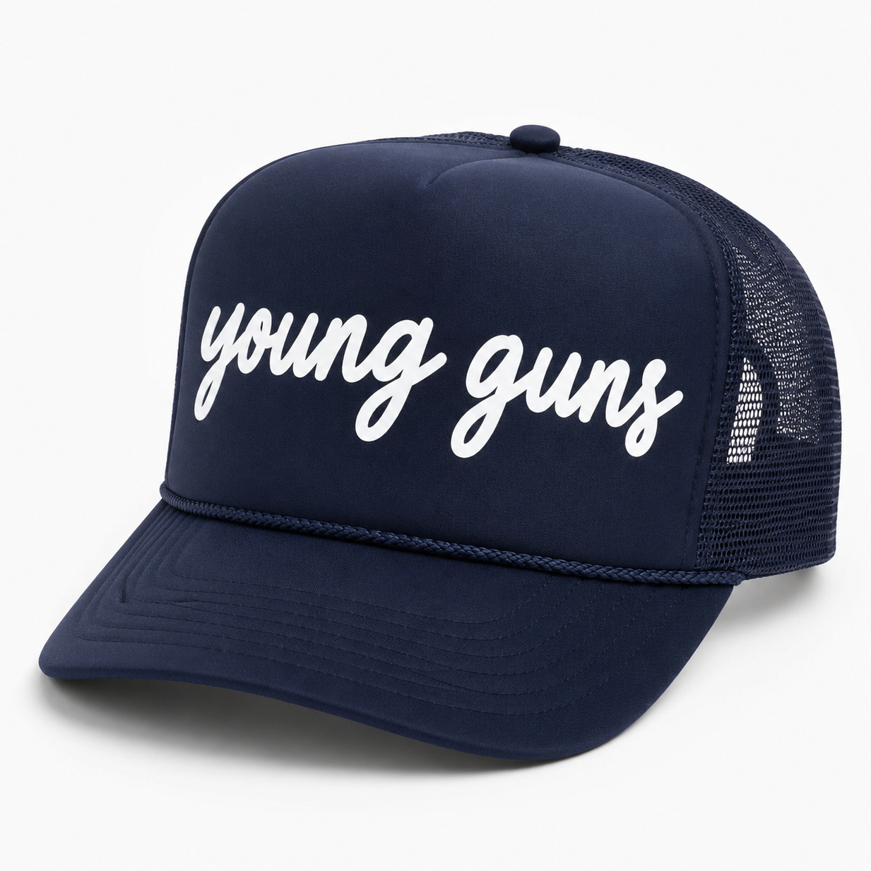 Navy rope trucker hat with young guns in white script and a mesh back
