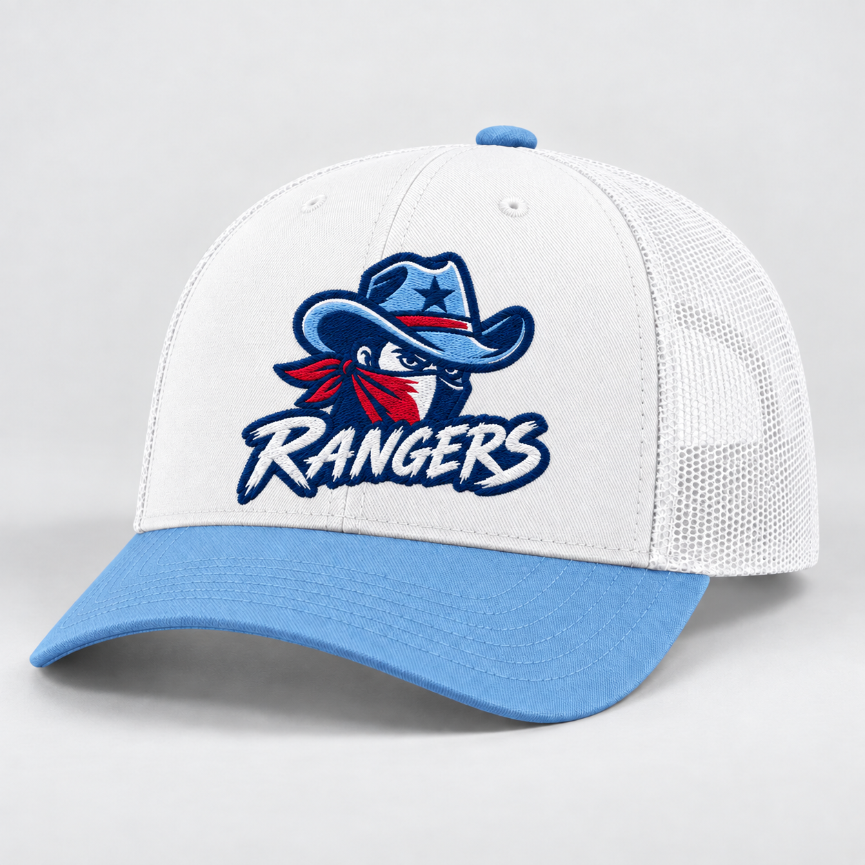 Rangers Baseball Embroidered White Trucker Hat
