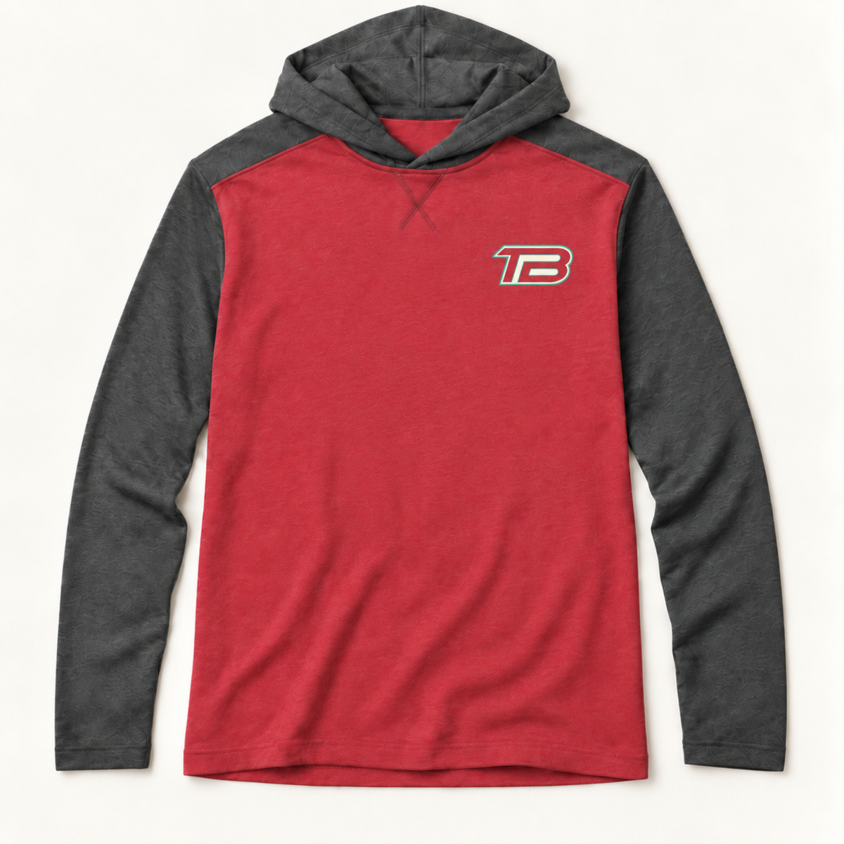 A long-sleeve hooded shirt in heather red and dark charcoal gray, featuring a small white and red 'TB' logo on the left chest, displayed on a clean off-white background.