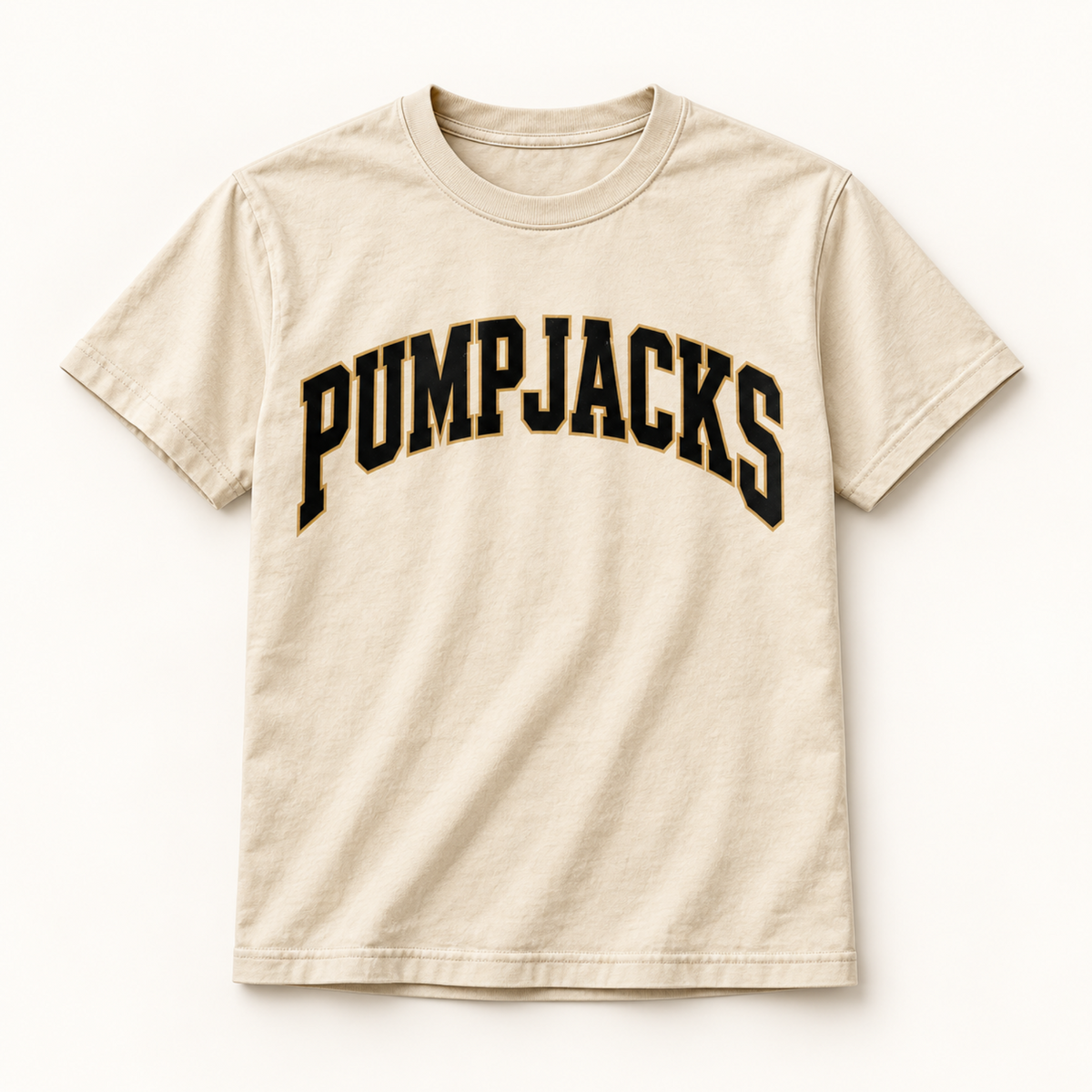 A beige short-sleeve t-shirt with 'PUMPJACKS' printed in black arched block letters across the chest, displayed flat against a light off-white background.