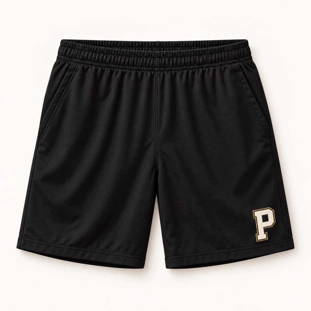 Black athletic shorts with an elastic waistband and a gold and white letter 'P' logo on the lower left leg, displayed flat against a light off-white background.