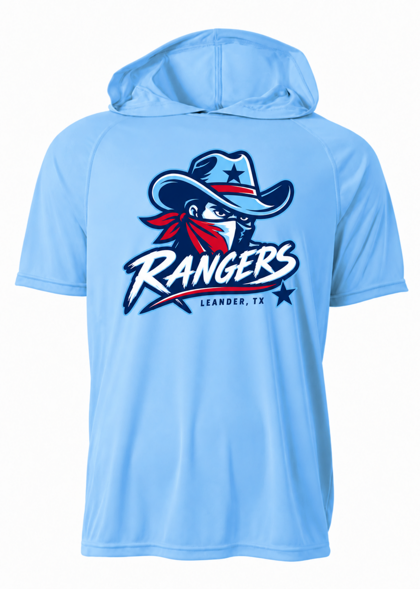 Leander Rangers Baseball light blue short sleeve performance hoodie with cowboy Rangers logo