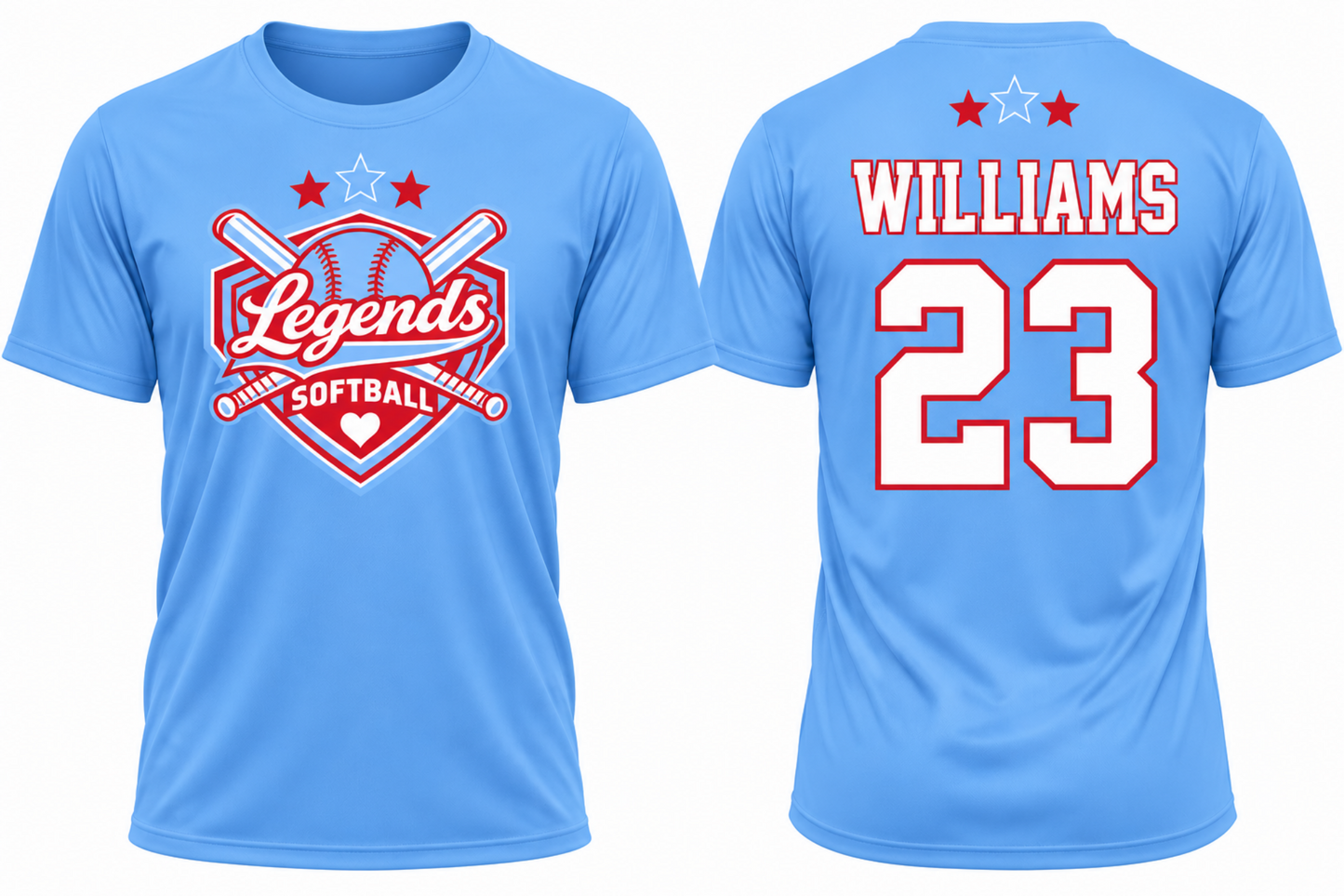 Legends Softball light blue personalized practice jersey with player name and number