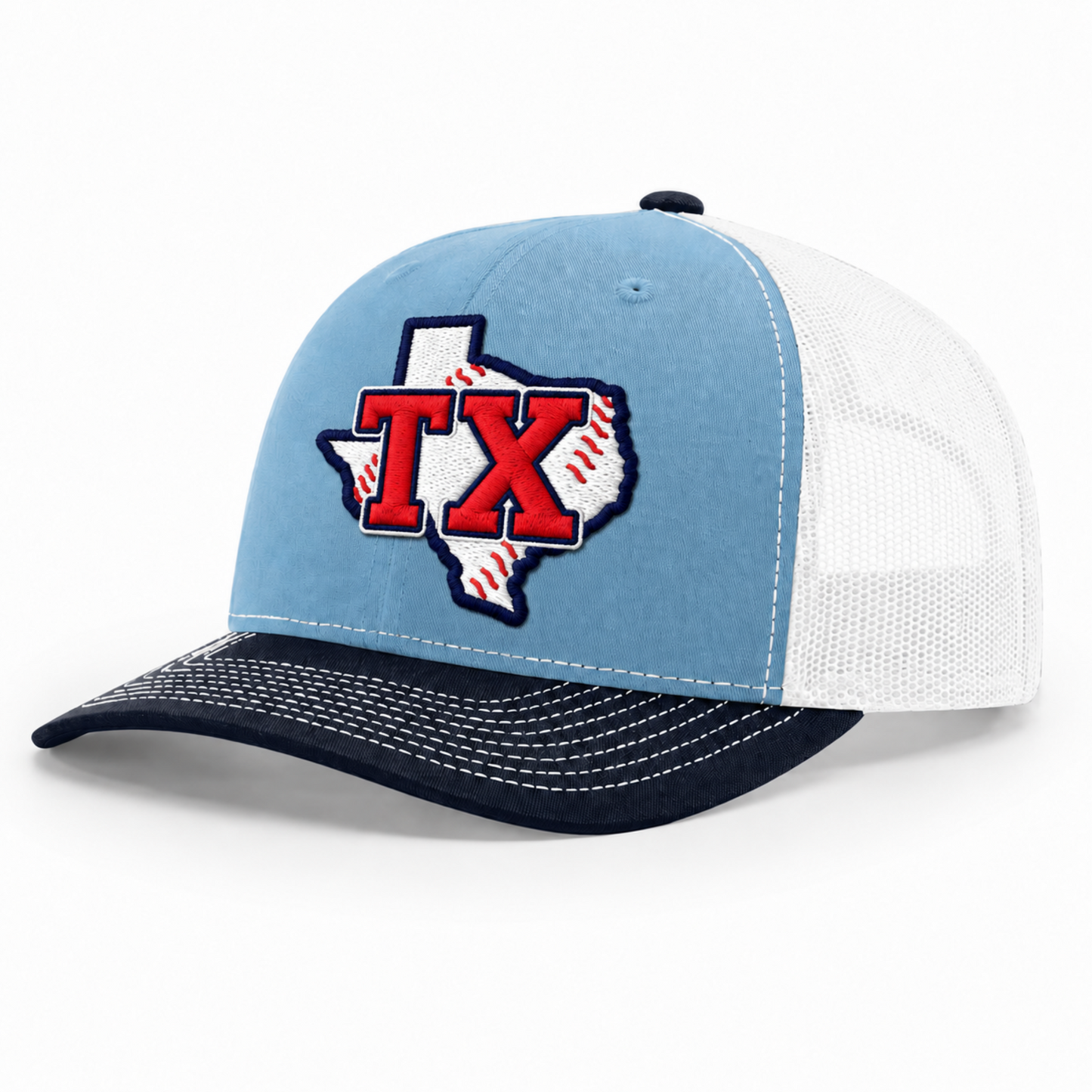 Light-blue and white TX Legends trucker hat with embroidered Texas logo