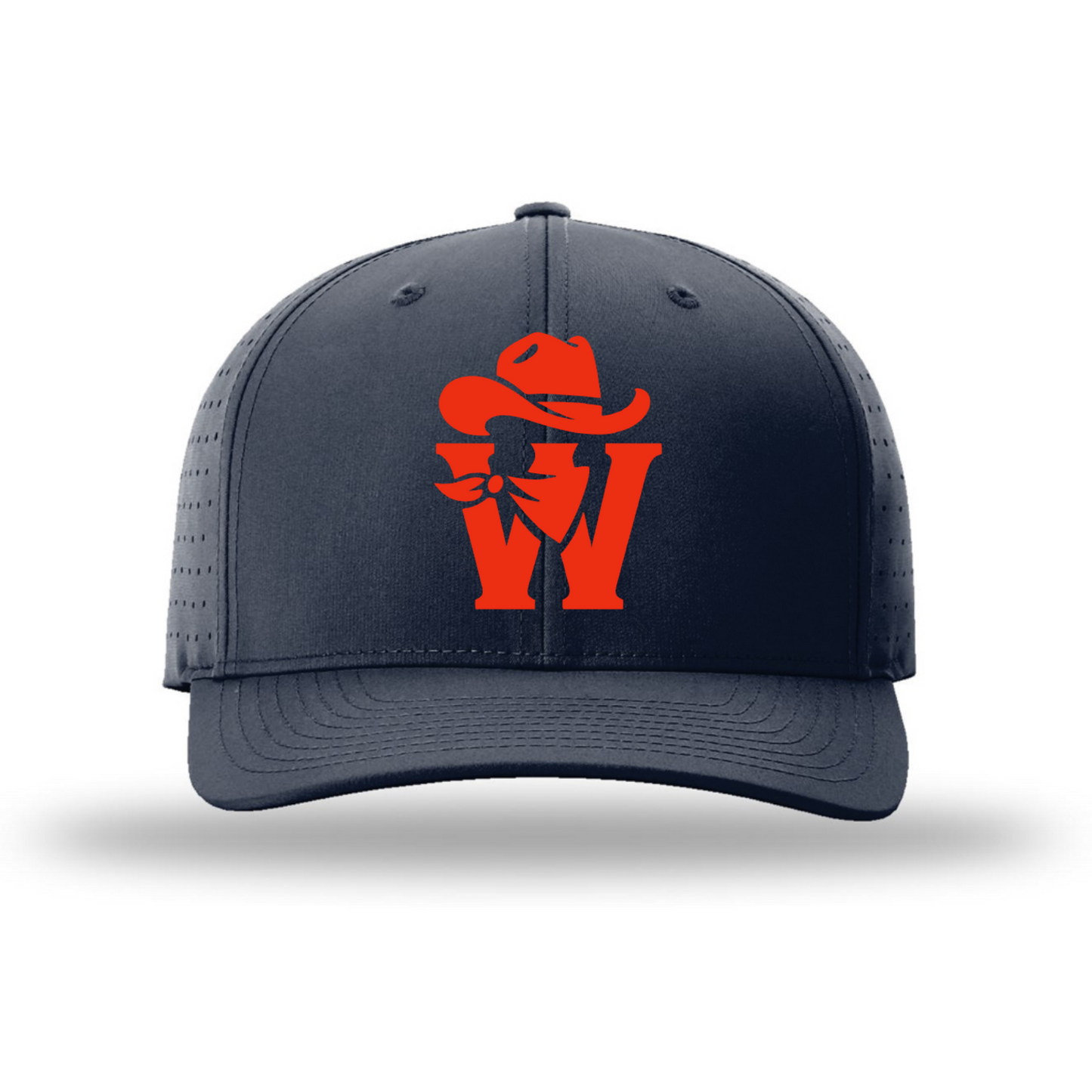 A dark navy blue trucker-style baseball cap with a bright orange graphic logo on the front, displayed against a clean white background with a soft drop shadow.