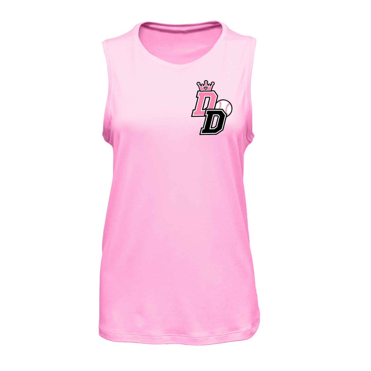 Pink Diamond Divas Softball women’s sleeveless tank top with DD crown and softball logo