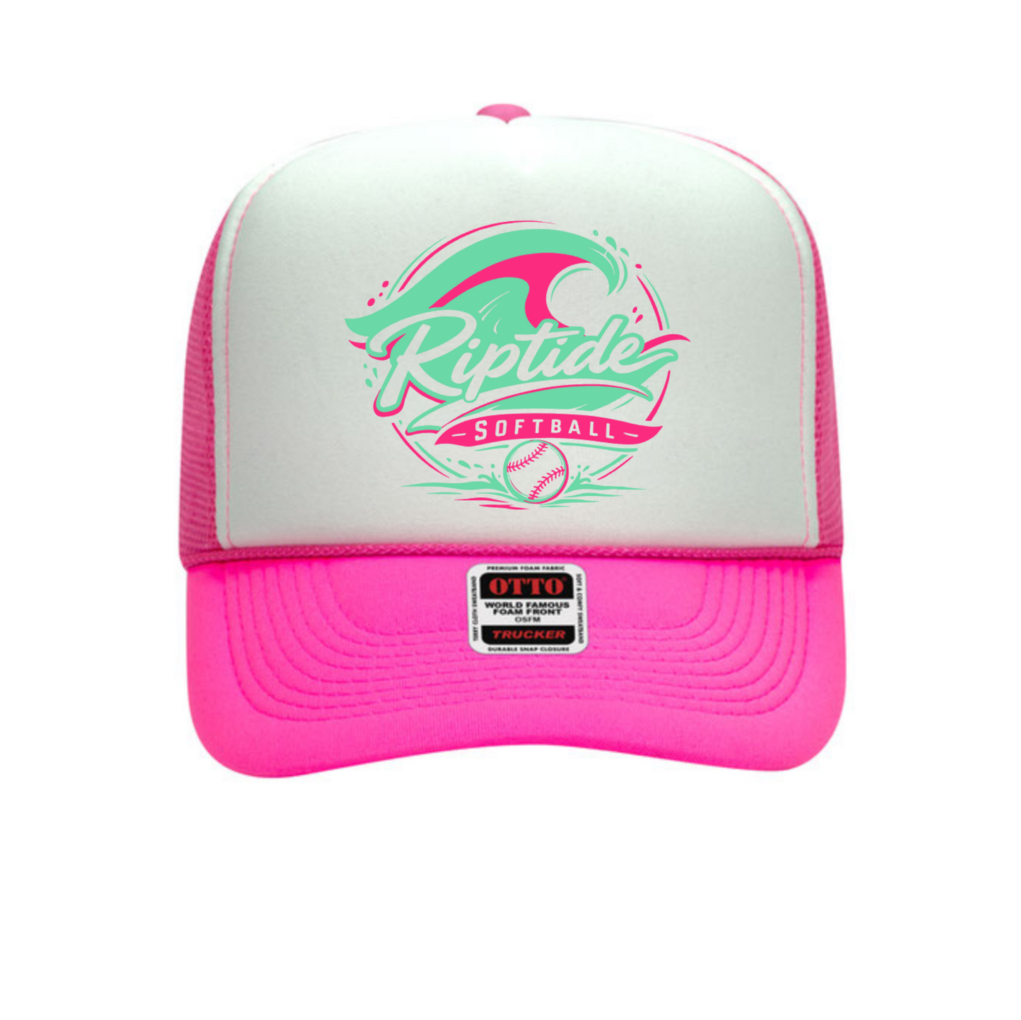 Pink and white cap with 'Riptide Softball' logo on a white background