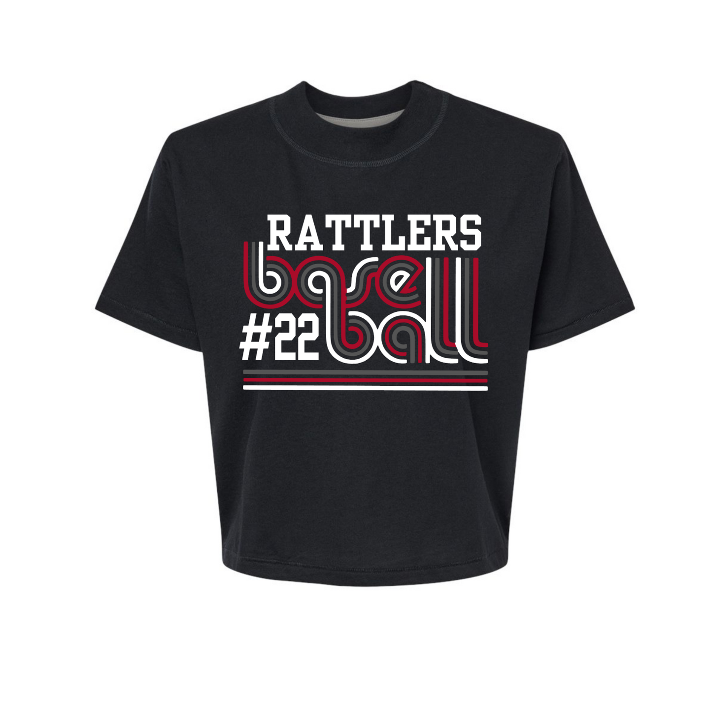 Black t-shirt with 'Rattlers' and '#22' design on a white background
