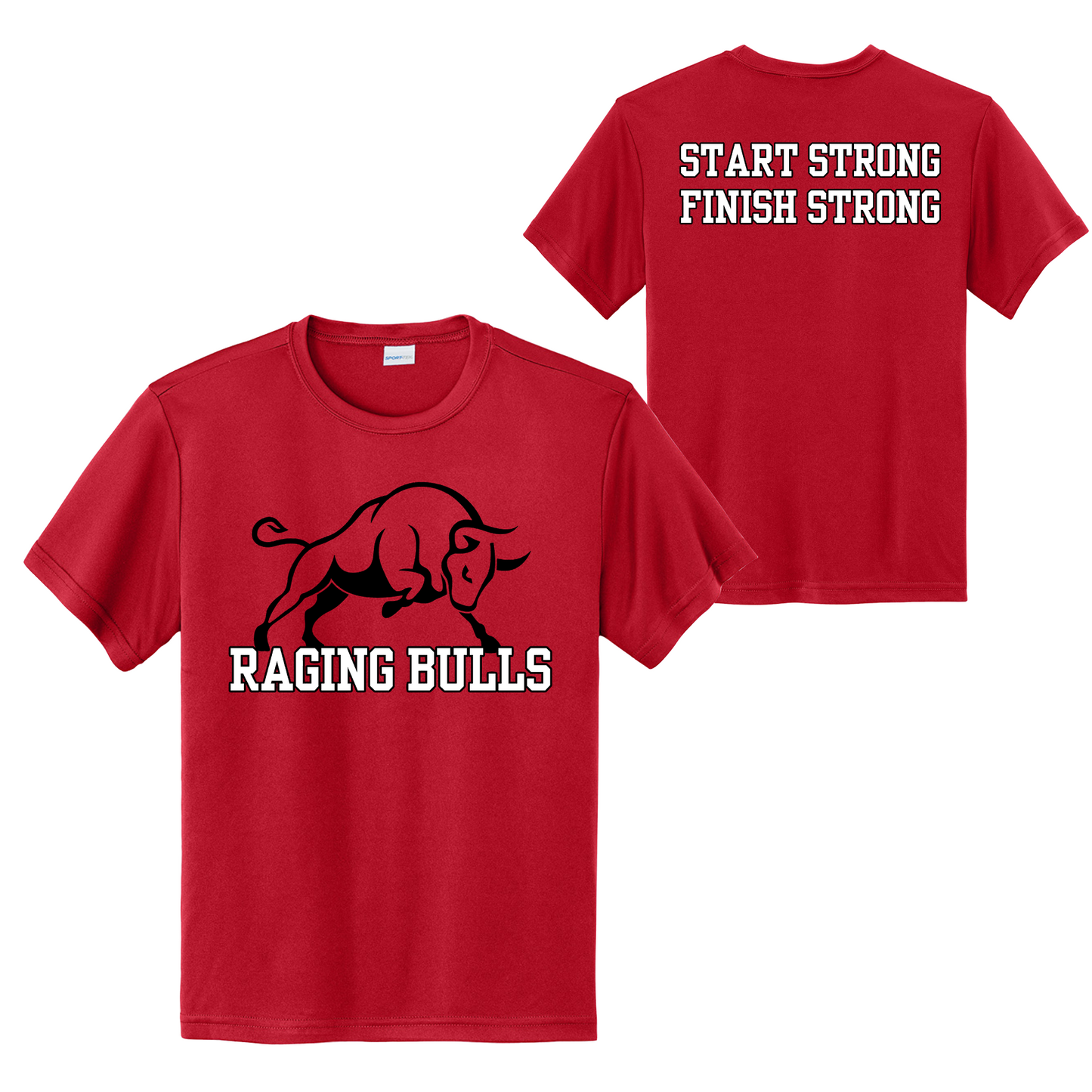 Raging Bulls “Start Strong Finish Strong” Baseball Shirt – Red