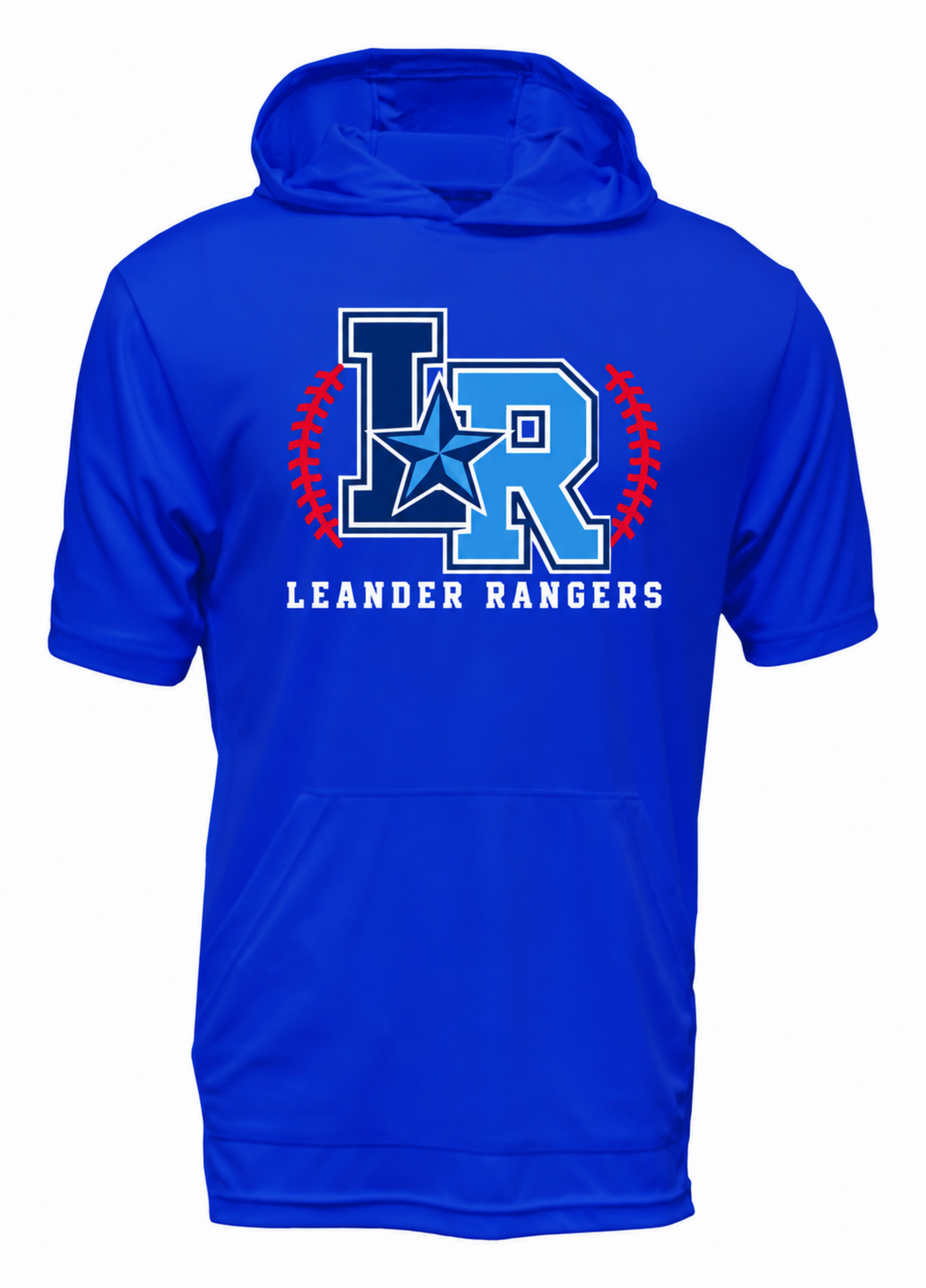 Royal blue Leander Rangers Baseball short sleeve performance hoodie with LR baseball logo