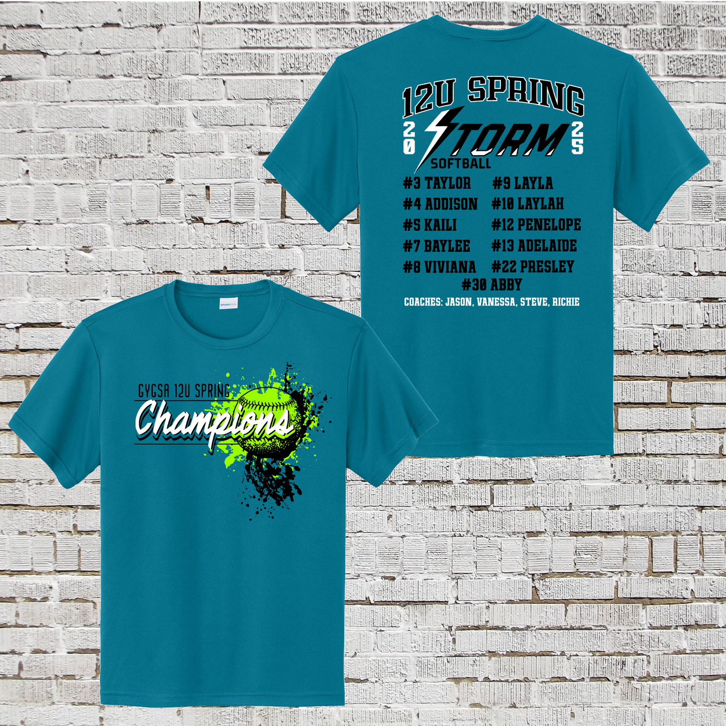 Spring 2025 Roster Shirt, Storm Softball Roster Tshirt, GYGSA 12U Champions Shirt