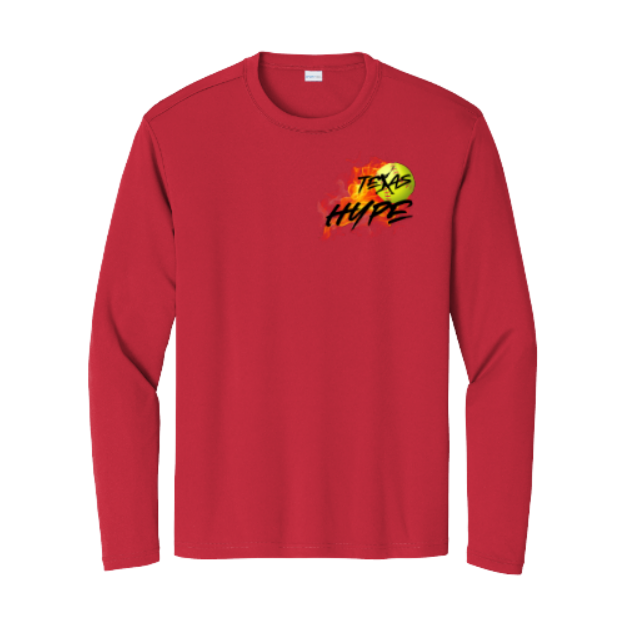 Texas Hype Long Sleeve Tee, Red Texas Hype Softball Shirt, Texas Hype Softball Spiritwear