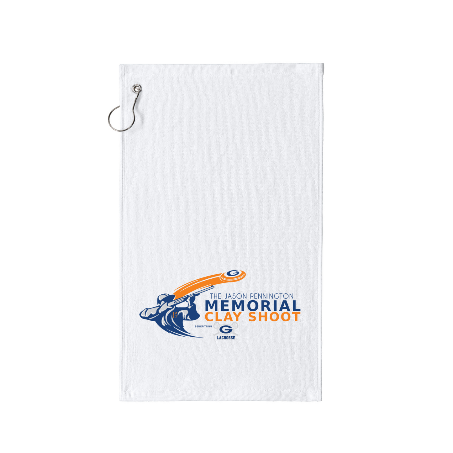 A white golf towel with a metal hanging loop at the top left corner, featuring a printed graphic for 'The Jason Rennington Memorial Clay Shoot' in blue and orange on the lower half.