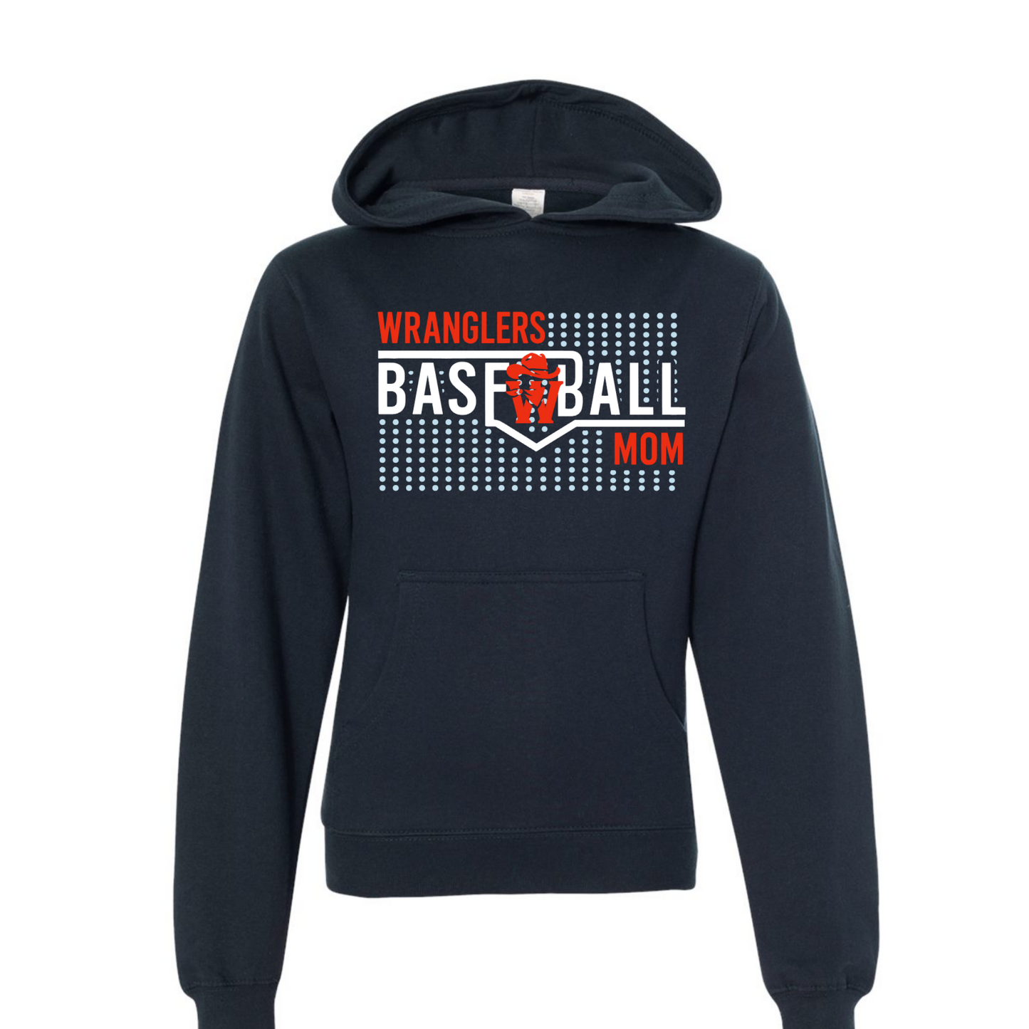 A navy blue pullover hoodie with a front graphic that reads 'WRANGlers BASEBALL MOM' in white and orange lettering, displayed on a clean white background.