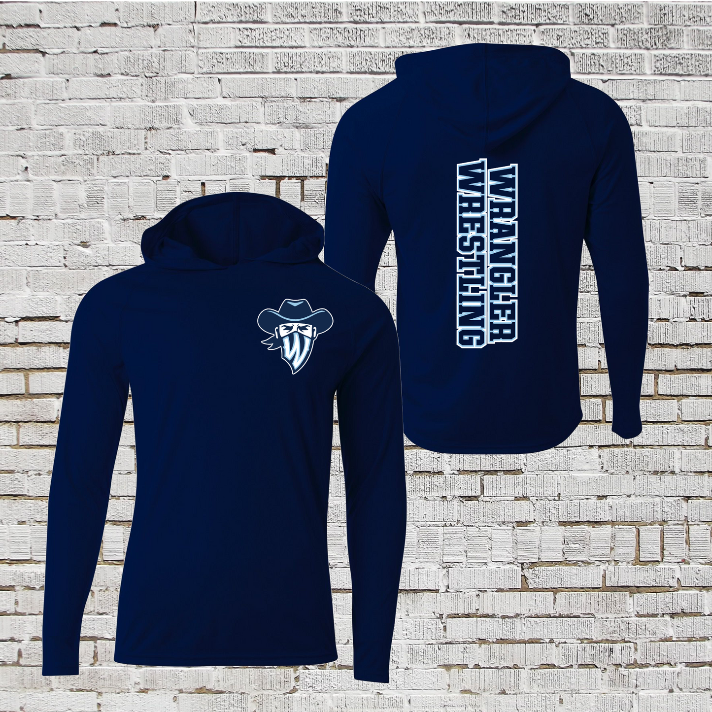 Wranglers Wrestling Long Sleeve Hoodie Tee, Navy Wranglers Hoodie Tee, Legacy Ranch Wrestling Hoodie Tee