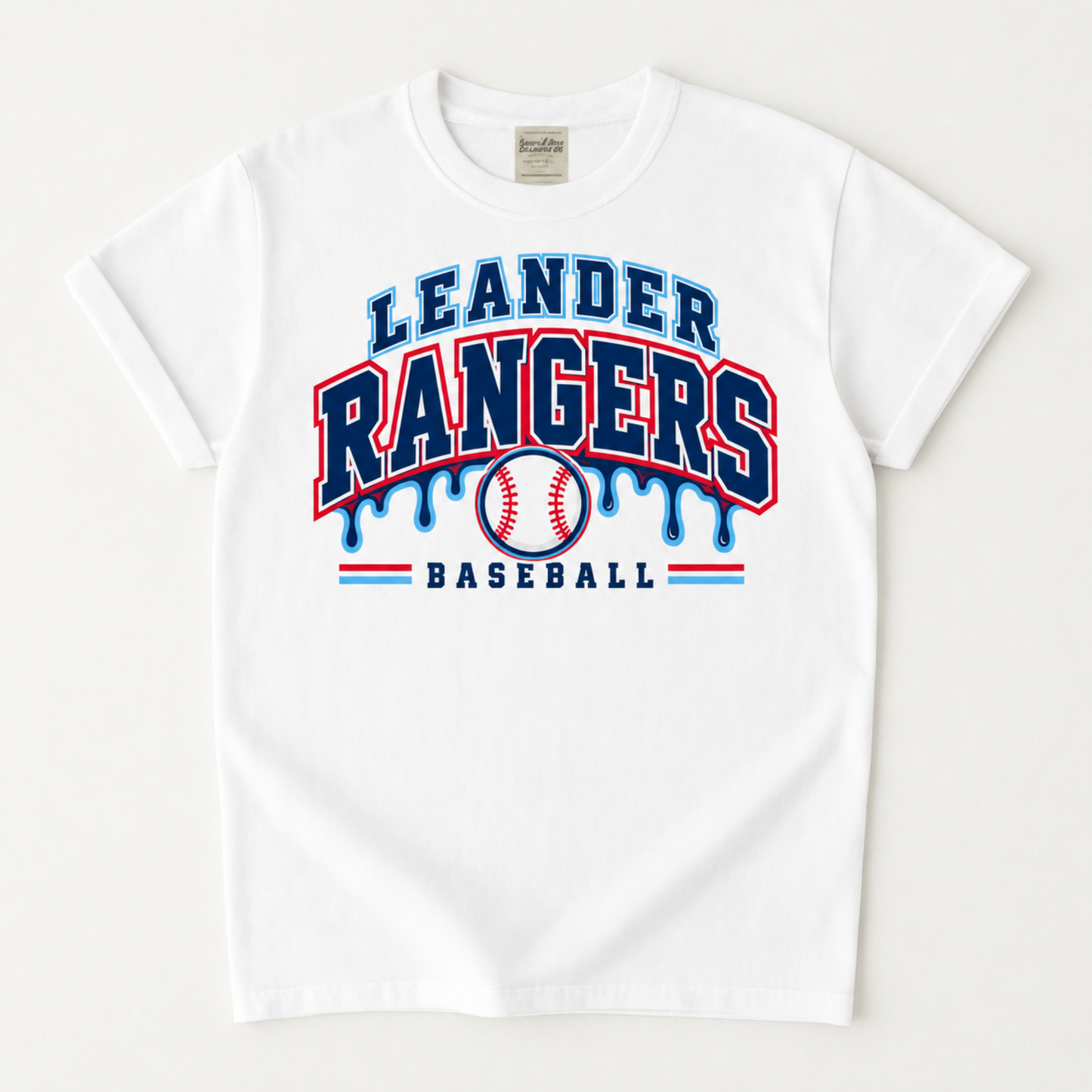 White Leander Rangers Baseball T-shirt with navy red and blue drip design