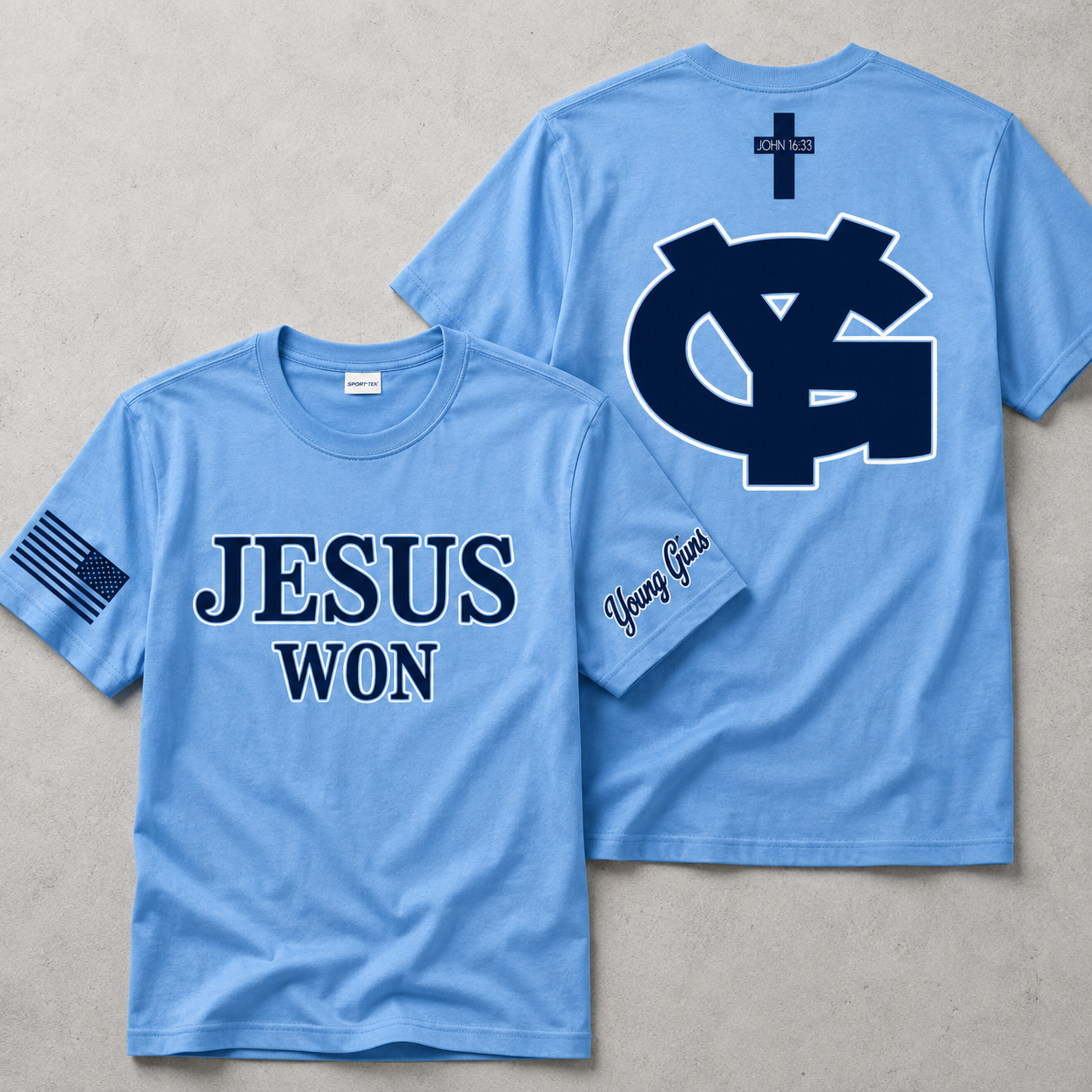 Young Guns Jesus Won Christian baseball performance shirt with John 16:33