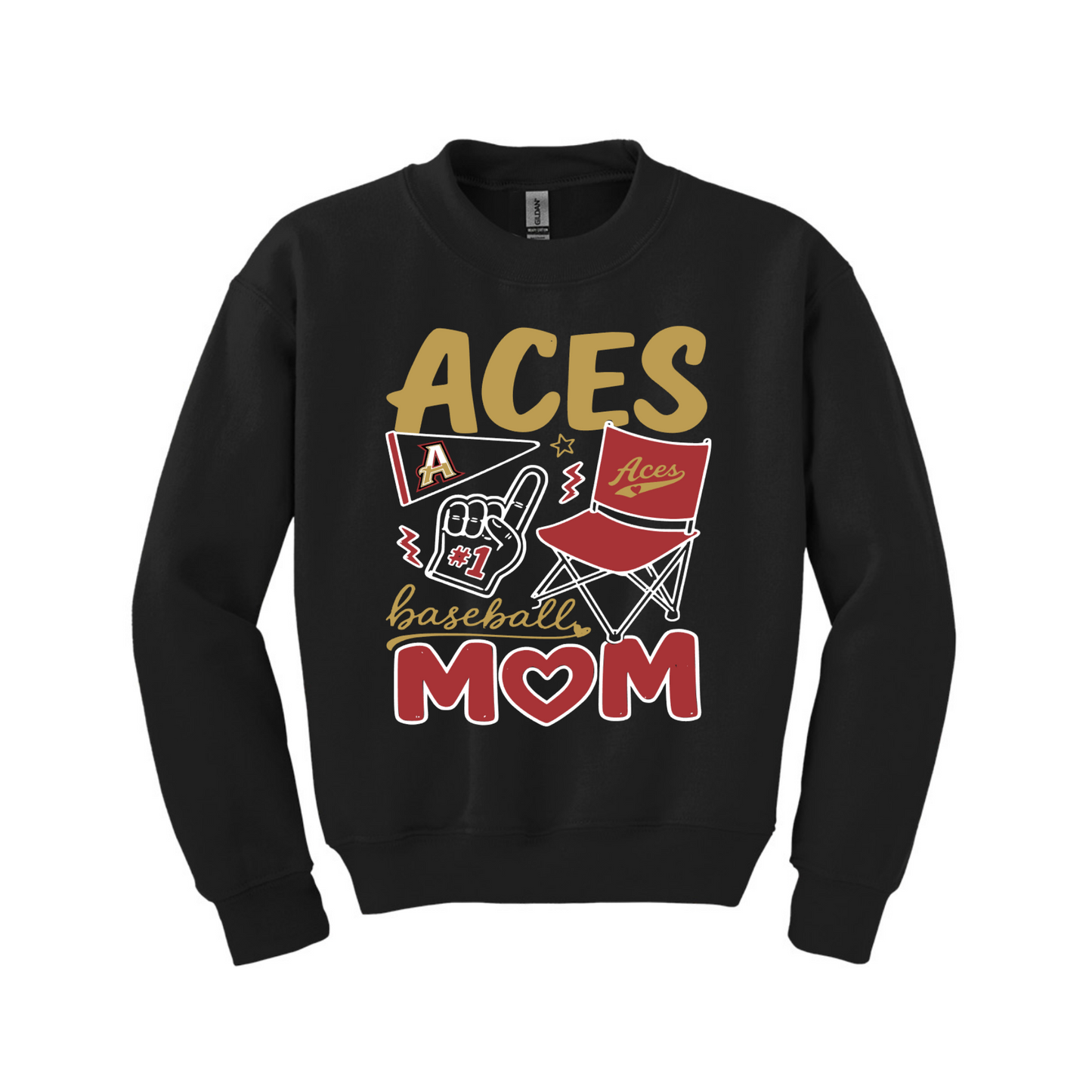 A black crewneck sweatshirt featuring a graphic design on the front that reads 'ACES baseball MOM' in gold and red, with illustrations of a baseball cap, a hand giving the middle finger, and a folding chair.