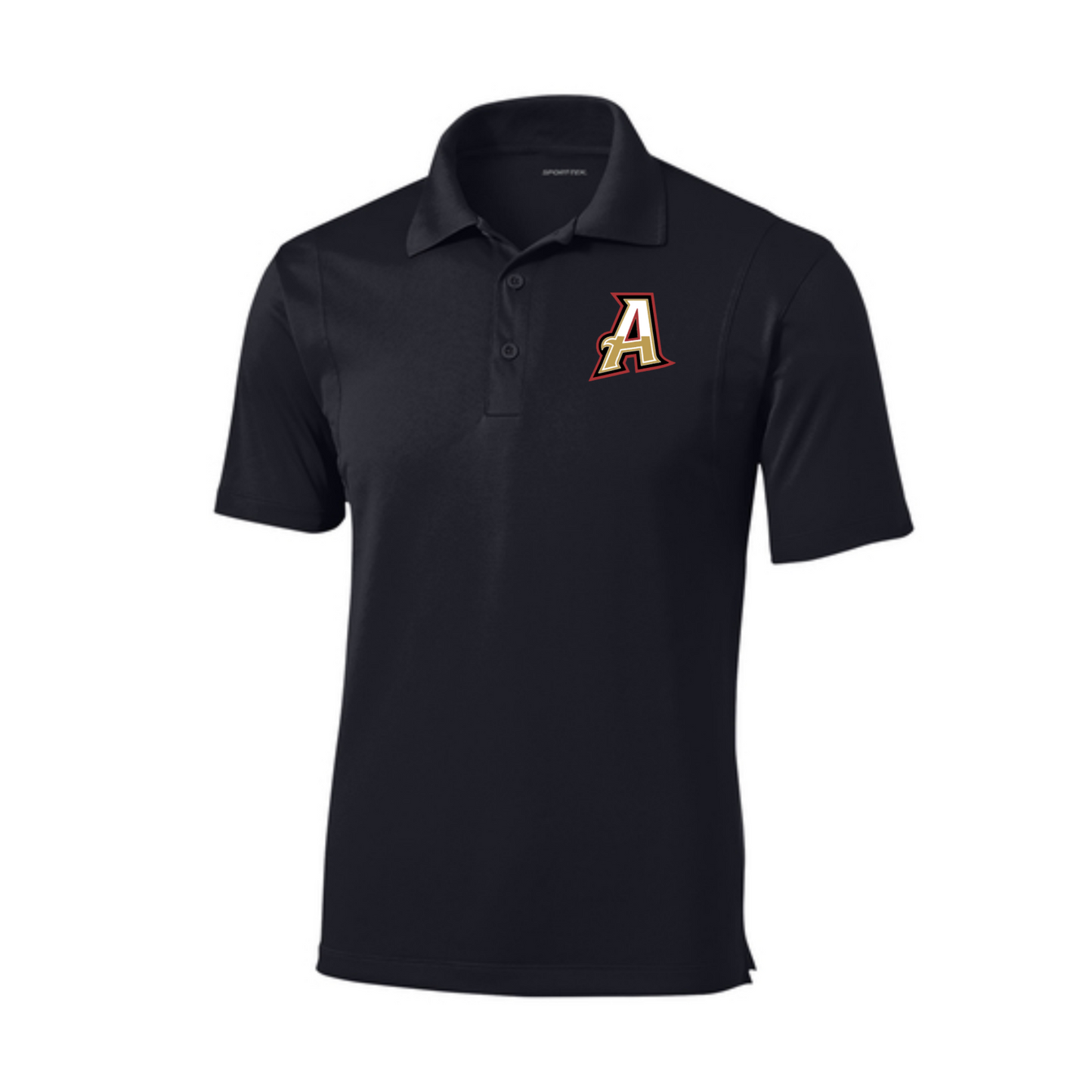A black short-sleeve polo shirt with a two-button placket and a stylized letter 'A' logo on the left chest, displayed on a clean white background.