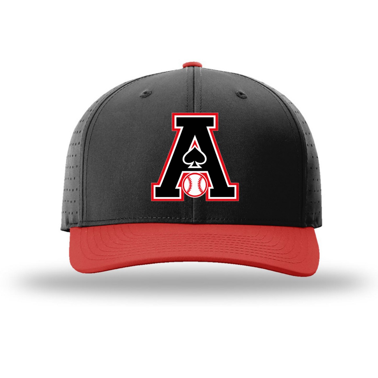 Black and red Aces Baseball snapback hat with varsity A spade and baseball logo