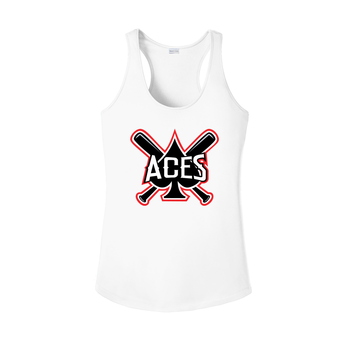 White Aces Baseball women’s racerback tank with black red and white spade and crossed bats logo