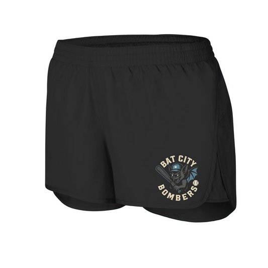Womens Black Running Shorts, Bat City Bombers Shorts, Bat City Baseball Logo'd Shorts