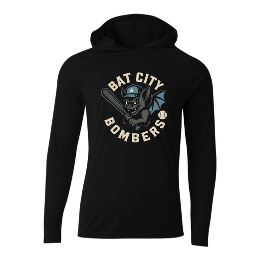 Black Bat City Bombers Hooded Shirt, Long Sleeve Bombers Tee, Bat City Bombers Spiritwear