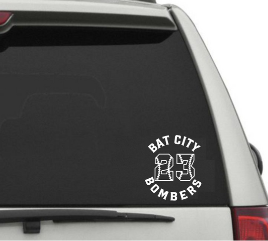 Bat City Bombers Window Decal, Bat City Car Decal, Bat City Bombers Baseball Number Window Sticker