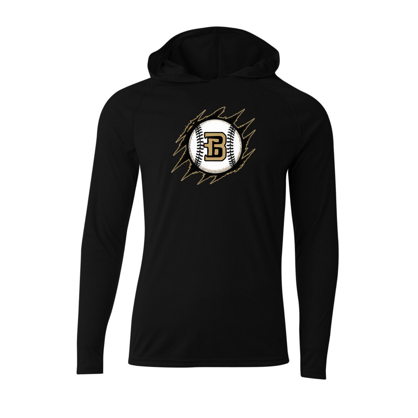 Bison Baseball black performance hoodie with gold white and black B baseball claw logo