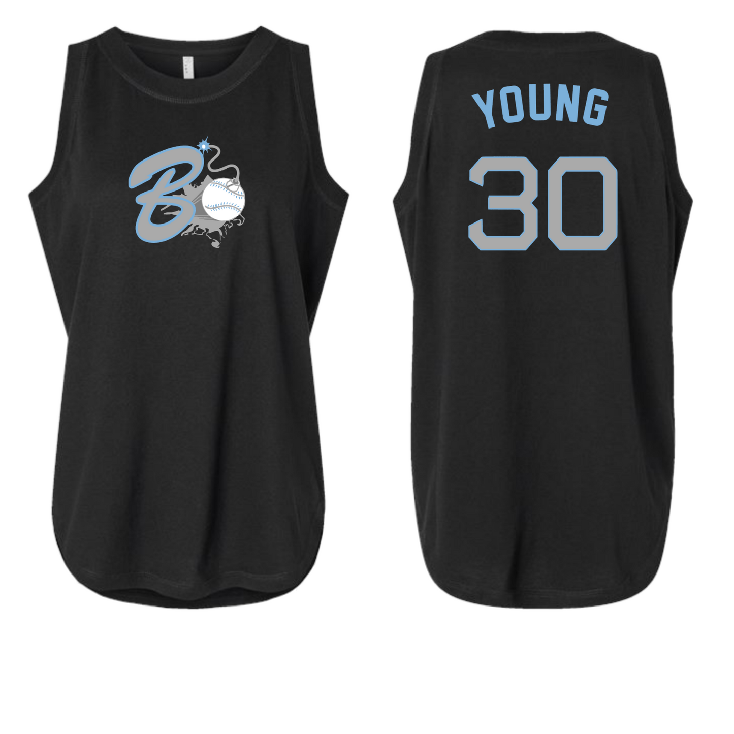 A black baseball tank top with a logo on the front and the name 'Young' with the number '30' printed on the back.