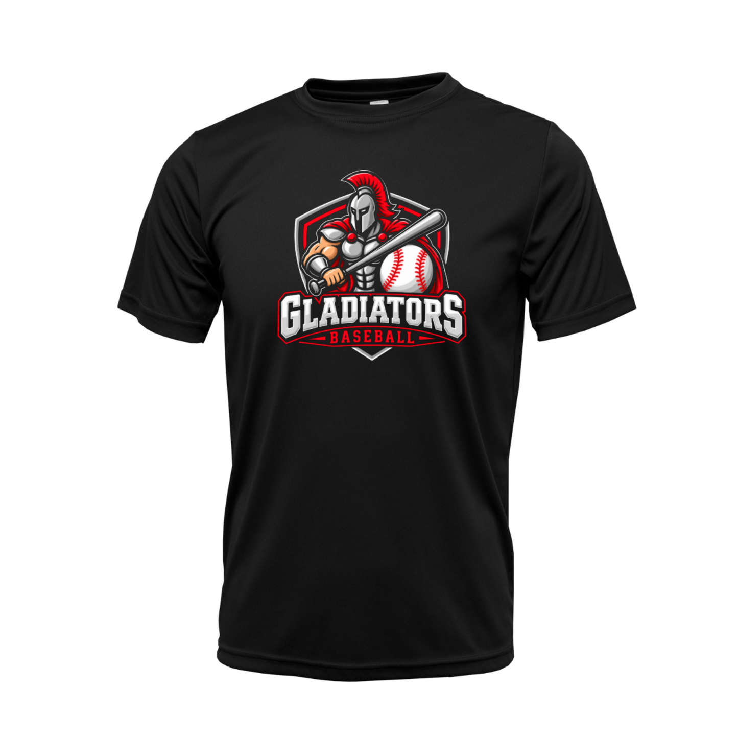 Black GTX Gladiators Baseball team shirt featuring a gladiator holding a bat beside a baseball in red, white, and gray.