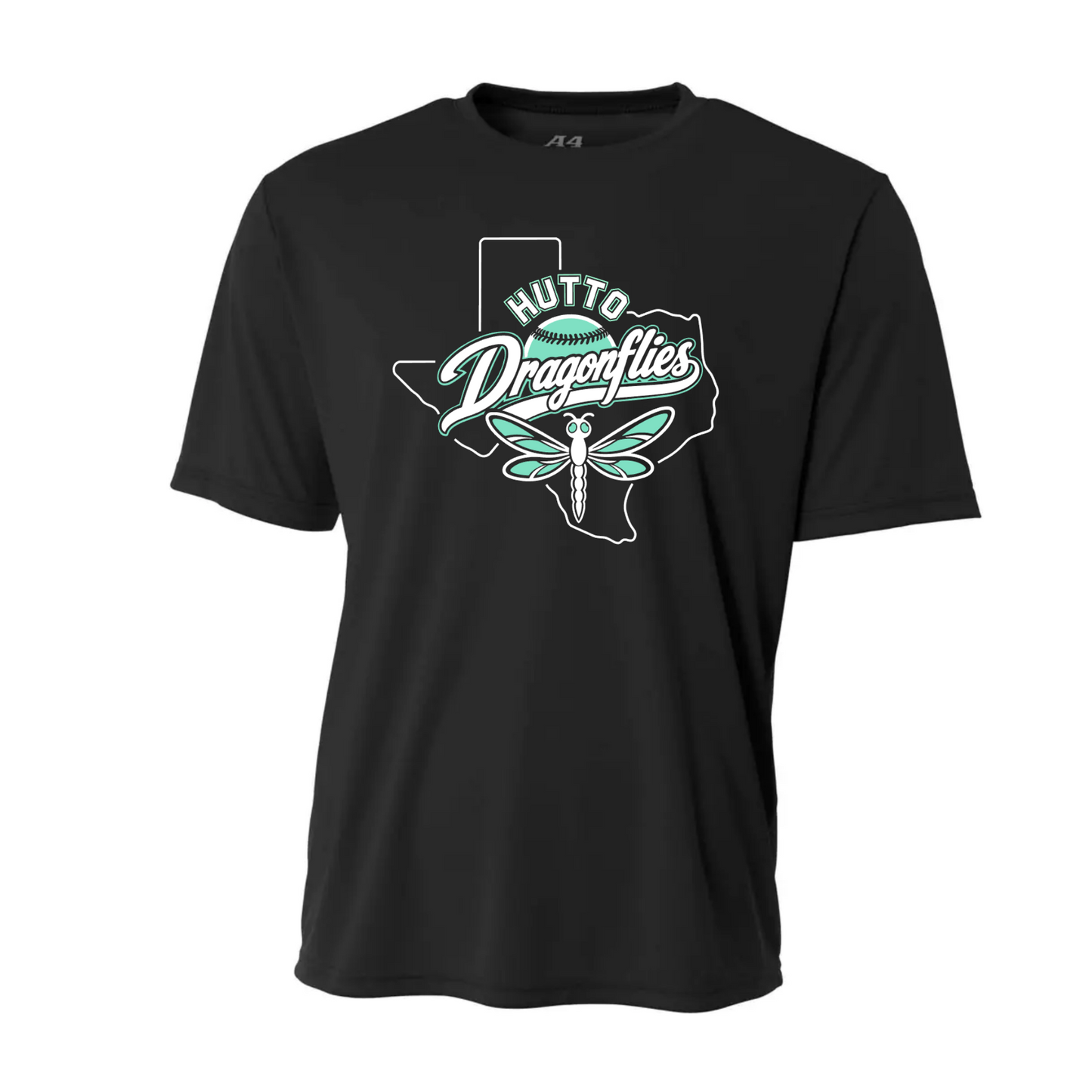 Black Hutto Dragonflies Softball performance shirt with Texas outline, softball and mint dragonfly design