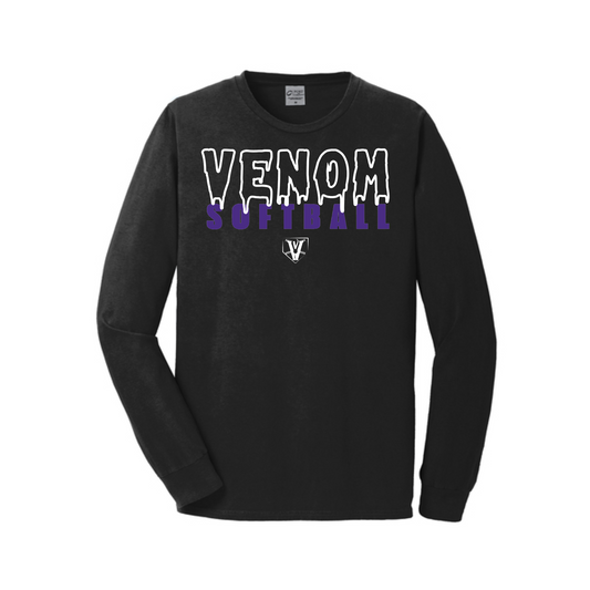 Black Venom Drip Softball Long Sleeve Shirt, Venom Fastpitch Tee, Venom Softball Spiritwear