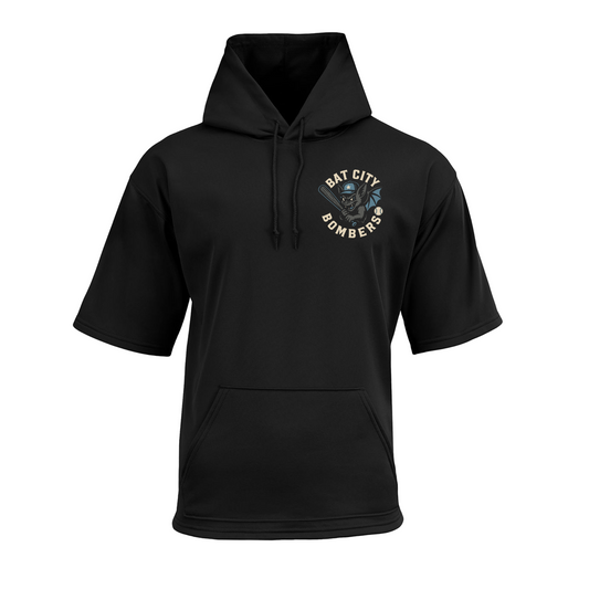 Short Sleeve Black Bat City Bombers Hoodie, Bat City Baseball SS Sweatshirt, Black Hoodie