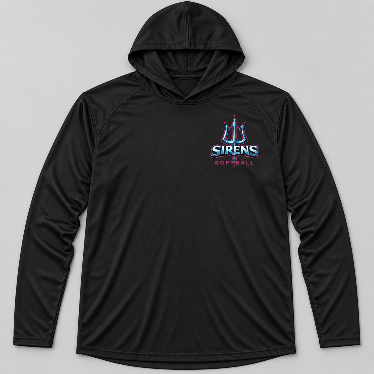 A black long-sleeve athletic hoodie with a drawstring hood, featuring a 'SIRENS SOFTBALL' logo printed on the left chest in blue, white, and pink, displayed on a neutral gray background.