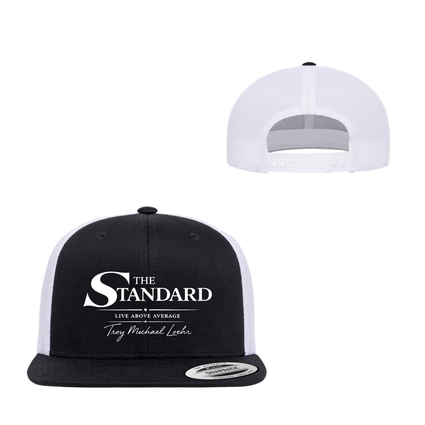Black and white cap with 'The Standard' logo on a white background
